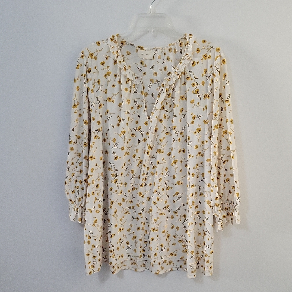MELLODAY Cream and Gold Floral Blouse, Size 3X